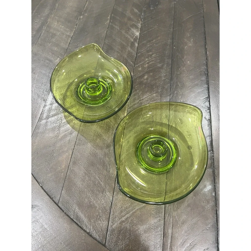 Viking Art Amoebic Epic Glass Candle‎ Holders #1196 Avocado Green Set of 2 MCM